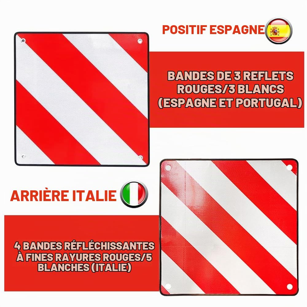 NAVESO 2 en 1 Réflecteur de Signalisation, 50 x 50 cm Panneau Avertissement Danger Italie et Espagne, Panneau Signalisation Porte Velo pour Camping Car, pour Porte Velo Voiture, Camping-Car, Caravane