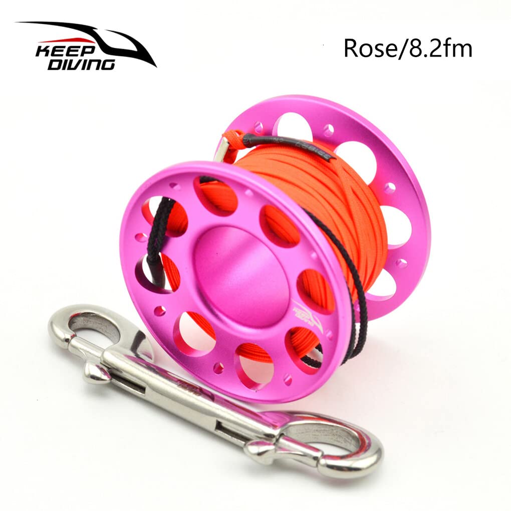 Tauchen FXL-952 Spool Rolle Tragbare Massivfarbe Polyester Seilrollen Outdoor Sports Accessoires mit doppeltem Endhaken, Rose rot, 15m