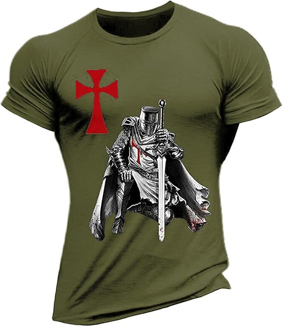 Men's Retro Knights Print T-Shirt - V-Neck Button-Up Long Sleeve Casual Tee - View #3