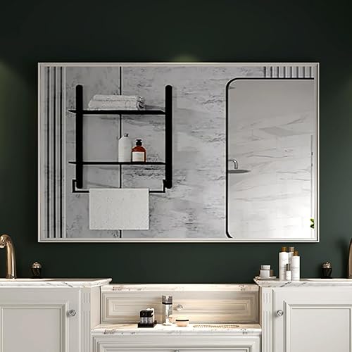 Miniatura 9 de Olela Espejo de baño negro, espejo rectangular para montar en la pared para sobre el fregadero y el tocador, espejo cuadrado de esquina redondeada