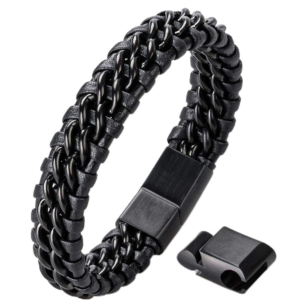 HOOF Bracelet pour homme - En cuir véritable et acier inoxydable - Bracelet tressé - Boîte élégante - Rocker, motard, viking, gothique, punk, amis