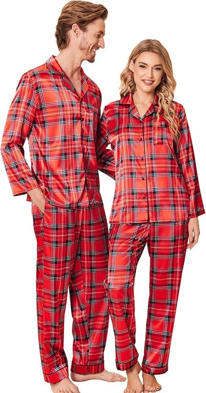 Cotton Christmas Couple Nightwear | Ultra Soft & Comfortable, Stylish Full Sleeve Night Dress for Hudband Wife | Shirt and Pajama Checks Design Sleepwear-Red-image-3