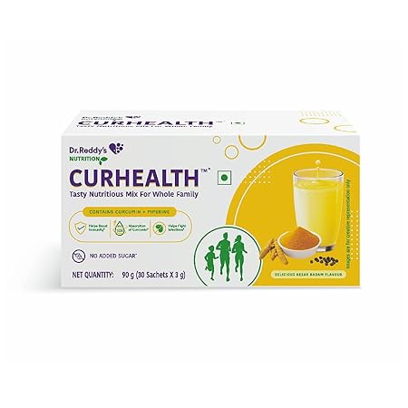 CURHEALTH Dr. Reddys CURHEALTH - Immunity Booster Nutritious Mix Powder, Blended with Curcumin Extract & Piperine | Kesar Badam Flavour | 90g (30 Sachets x 3g)