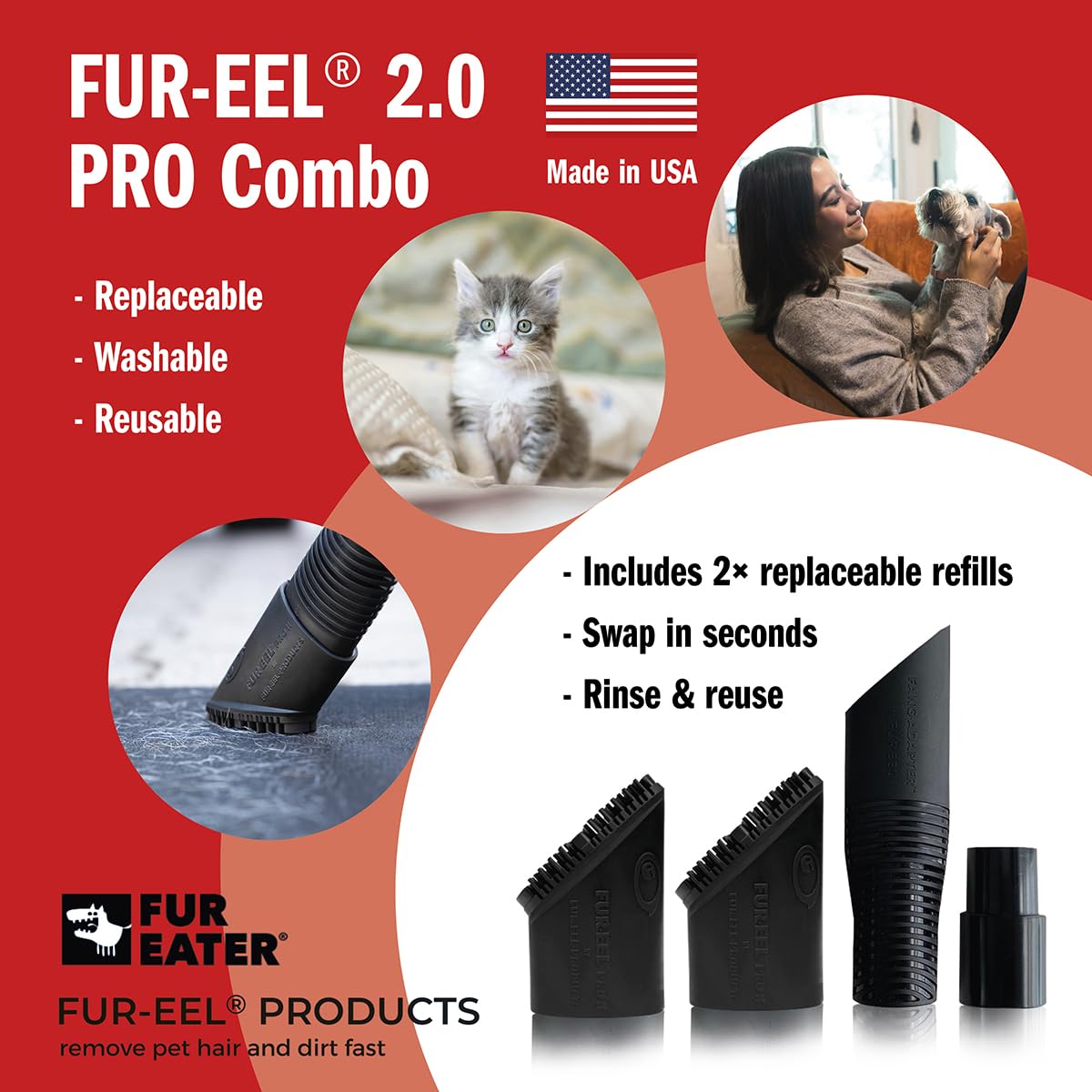 FUR-EEL 2.0 Pro Combo - Aspiratore per rimozione peli di animali domestici, con 2 testine sostituibili in gomma, nessun flusso d'aria intasato, adatto per tubi da 32 mm e 35 mm