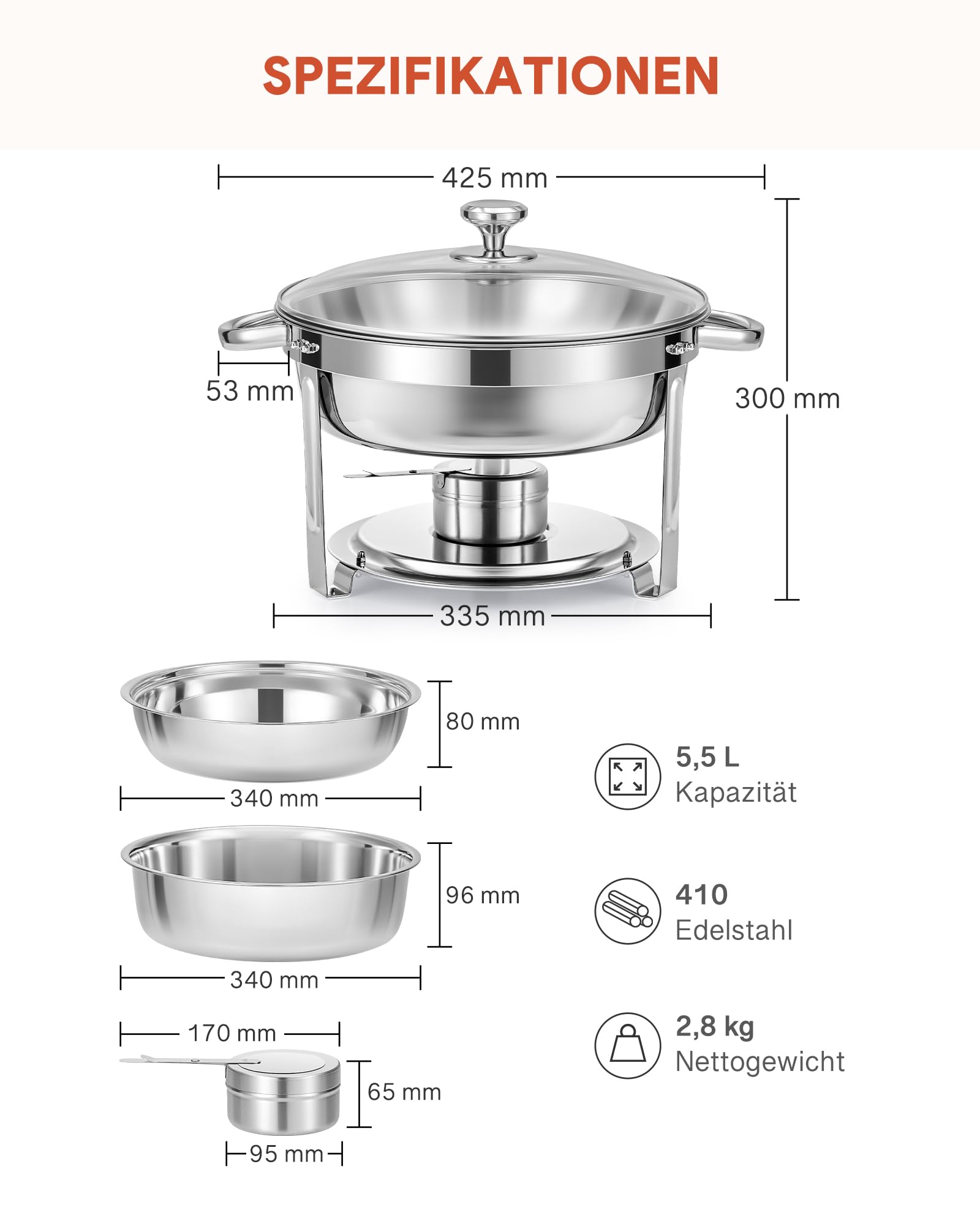 Wilprep 5,5L 4er-Set Rund Chafing Dish Set, Edelstahl-Speisenwärmer, Suppenwärmer & Bain Marie, Warmhaltebehälter für Restaurants, Buffets und Schulen