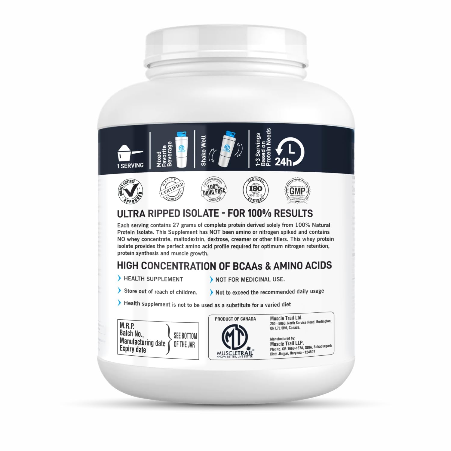 MuscleTrail Pharma Grade Ultra Ripped Whey Protein Isolate - Premium Protein for Men & Women - 27g Protein per Serving - Supports Muscle Growth, Strength & Recovery - L-Carnitine (2KG, Vanilla) — Amazon image 3