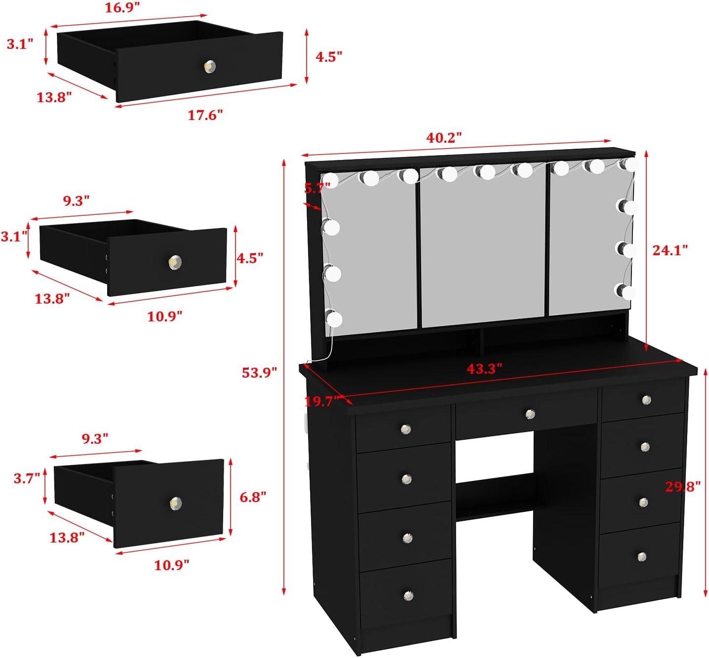 FUFU&GAGA Vanity Desk with Mirror and Bulb Lights, Large Makeup Vanity with 9 Drawers, Modern Dressing Table with Hidden Shelves for Bedroom, Black, 43.3”W x 19.7”D x 53.6”H
