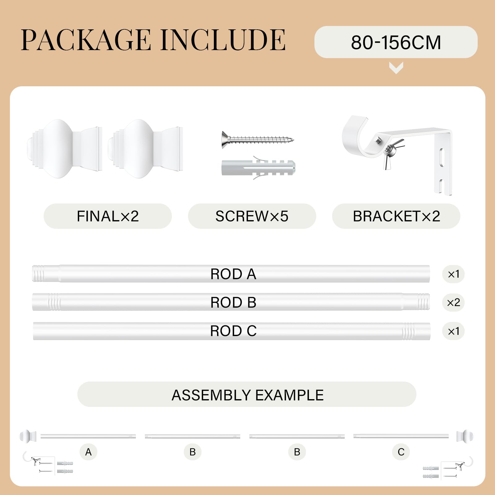 WELDUN Bastone per tende in metallo, estendibile - Bianco - 80–156 cm - Diametro 19 mm - Robusto - Con supporti - Decorazione per camera da letto, soggiorno o cucina - Bianco