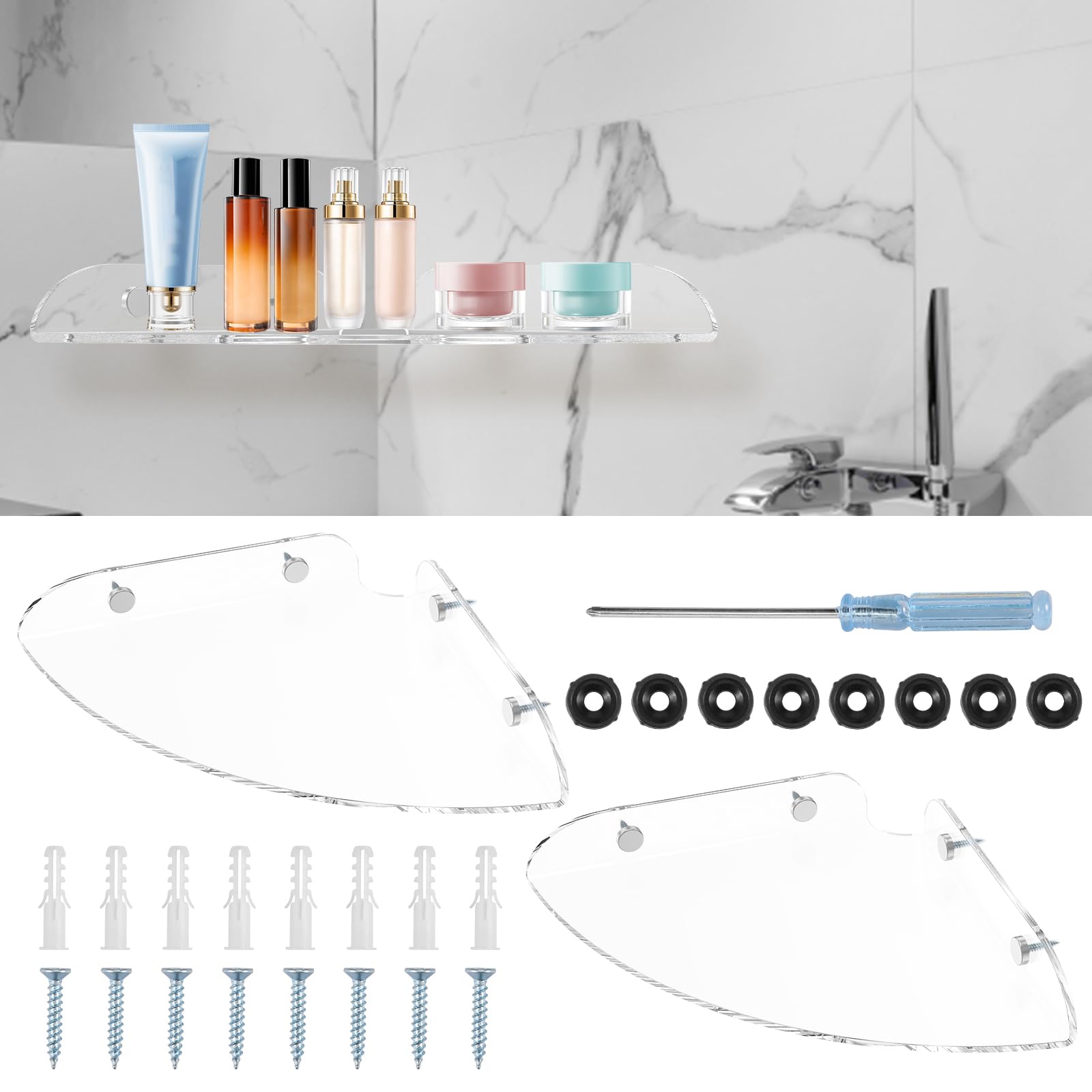 Muyoka 2Pcs Corner Shelf Wall Mount Corner Floating Shelves Organizer with Adhesive Acrylic Corner Shower Caddy Multifunctional Shower