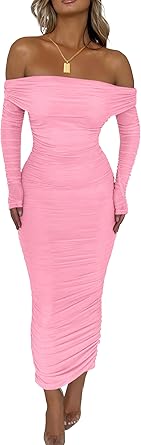 PRETTYGARDEN Women's Fall Off The Shoulder Maxi Dress Spring Long Sleeve Ruched Fitted Bodycon Club Dresses with Slit