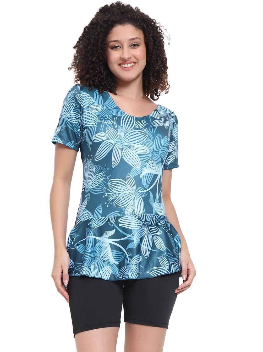 Spandex Swimming Costume for Women, Removable Pads Half Sleeves & Half Length Top with Bottoms, Frock Style Ladies Swimming Suit Dress, Quick Drying Swim Suit