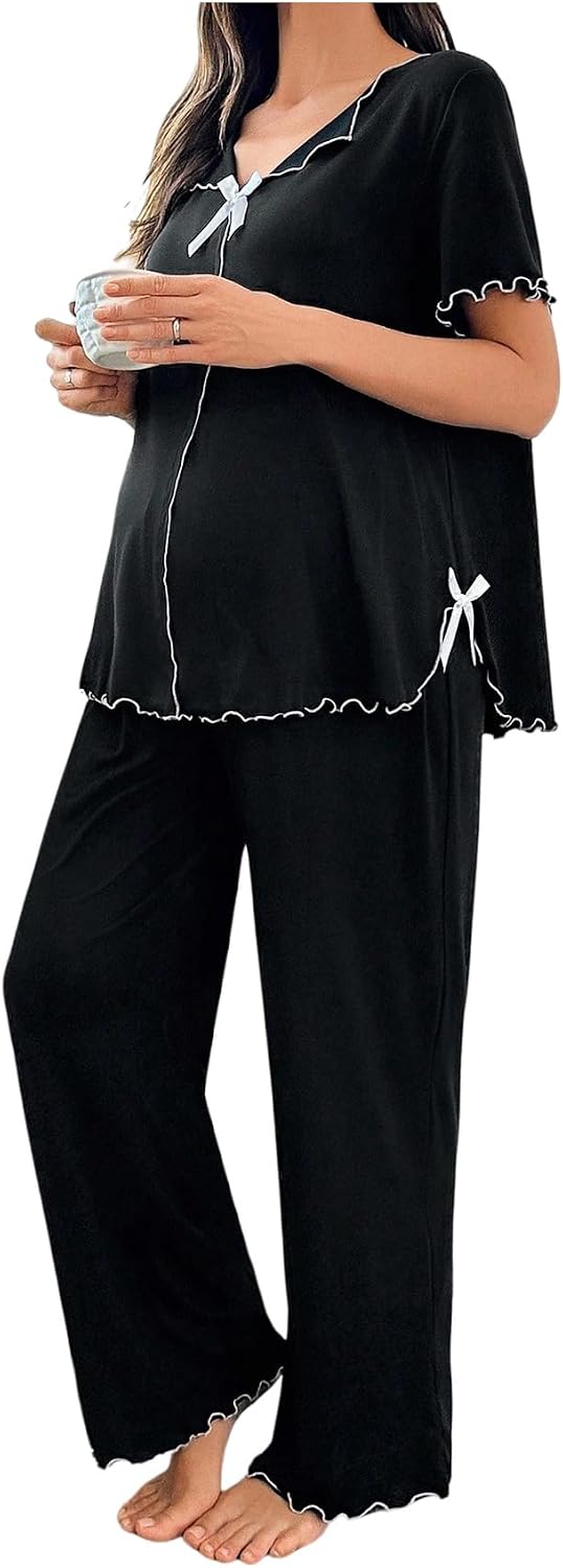 OYOANGLE Women's Maternity Pajama Set Bow Lettuce Trim Short Sleeve Tops and Pants Cute Lounge Sets