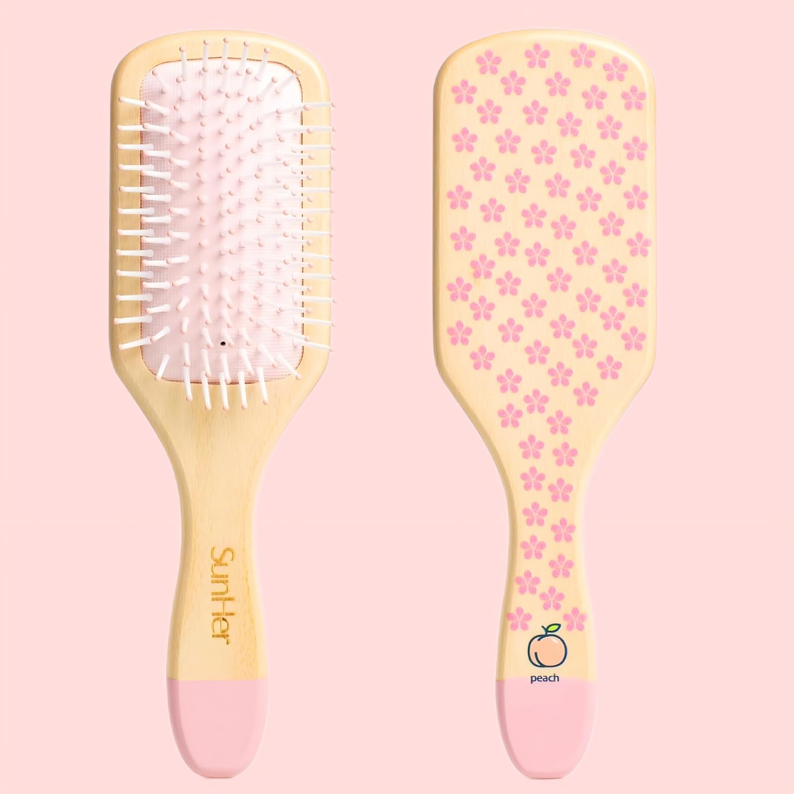 SunHer Wooden Hair Brush for Women - Detangling Hair Brush for Wet or Dry Use, Pink Hairbrush for Curly Hair Long Thick All Type Girls Kids Massage Scalp, Perfect for Gift