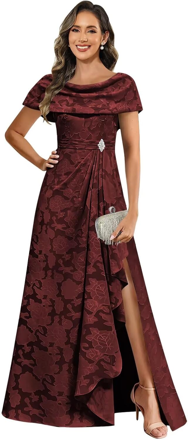 Jacquard Chiffon Mother of The Bride Dresses for Wedding Cape Sleeve Ruffles Beaded Long Evening Gown with Slit