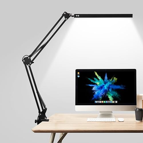 Lámpara de escritorio LED con abrazadera, lámpara de escritorio de arquitecto con brazo oscilante de metal ajustable, cuidado de los ojos con clip,