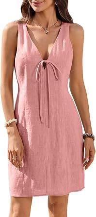 Womens 100% Linen Dress Sexy V Neck Tie Front Sleeveless Back Zipper 2026 Summer Mini Dresses