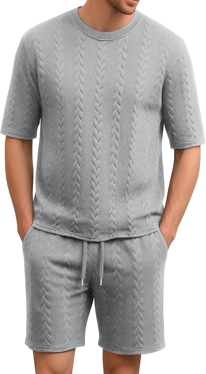 Cambkatl Men's 2 Piece Outfits Stylish Knit Texture Crewneck T-Shirt and Shorts Summer Casual Tracksuit Sets with Pockets