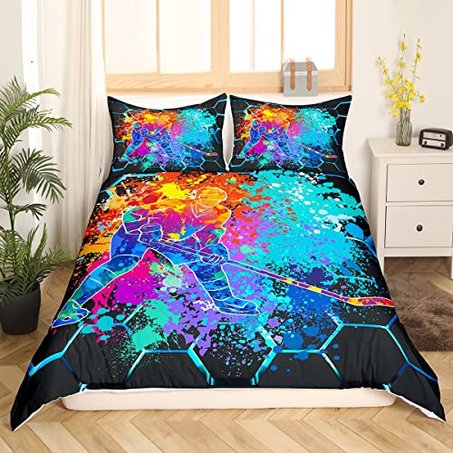 Ice Hockey Bedding Set Twin Kids Boys Hockey Player Duvet Cover Winter Sports Game Comforter Cover Colorful Tie Dyed Honeycomb Print Decor Bedding Teens Hockey Puck Ball Decor Bedspread 2 Pc