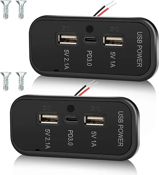 Gibbab 3 Ports 12V RV USB Outlet 45.5W, 2PCS PD3.0 Type-C Quick Charge & Dual USB A Port 3.1A Panel Wall Mount, Automotive Car Socket Charger Adapter for RV Marine Boat Bus ATV Motorcycle Truck
