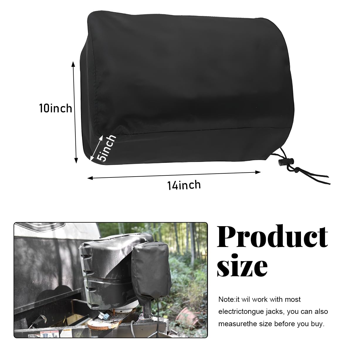 Waterproof RV Electric Tongue Jack Cover - 420D Oxford Fabric, 14"H X 5"W X 10"D, Adjustable Drawstring