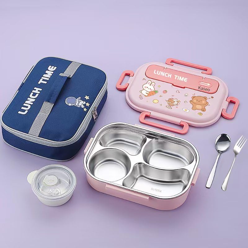 Kaseo Bento Box for Kids/Adults, 304 Stainless Steel insulated 4 Compartments lunch box with Soup Bowl, Thermal Bag, Spoon and Fork, Leak-Proof, Microwavable, 5 Colors (Pink)