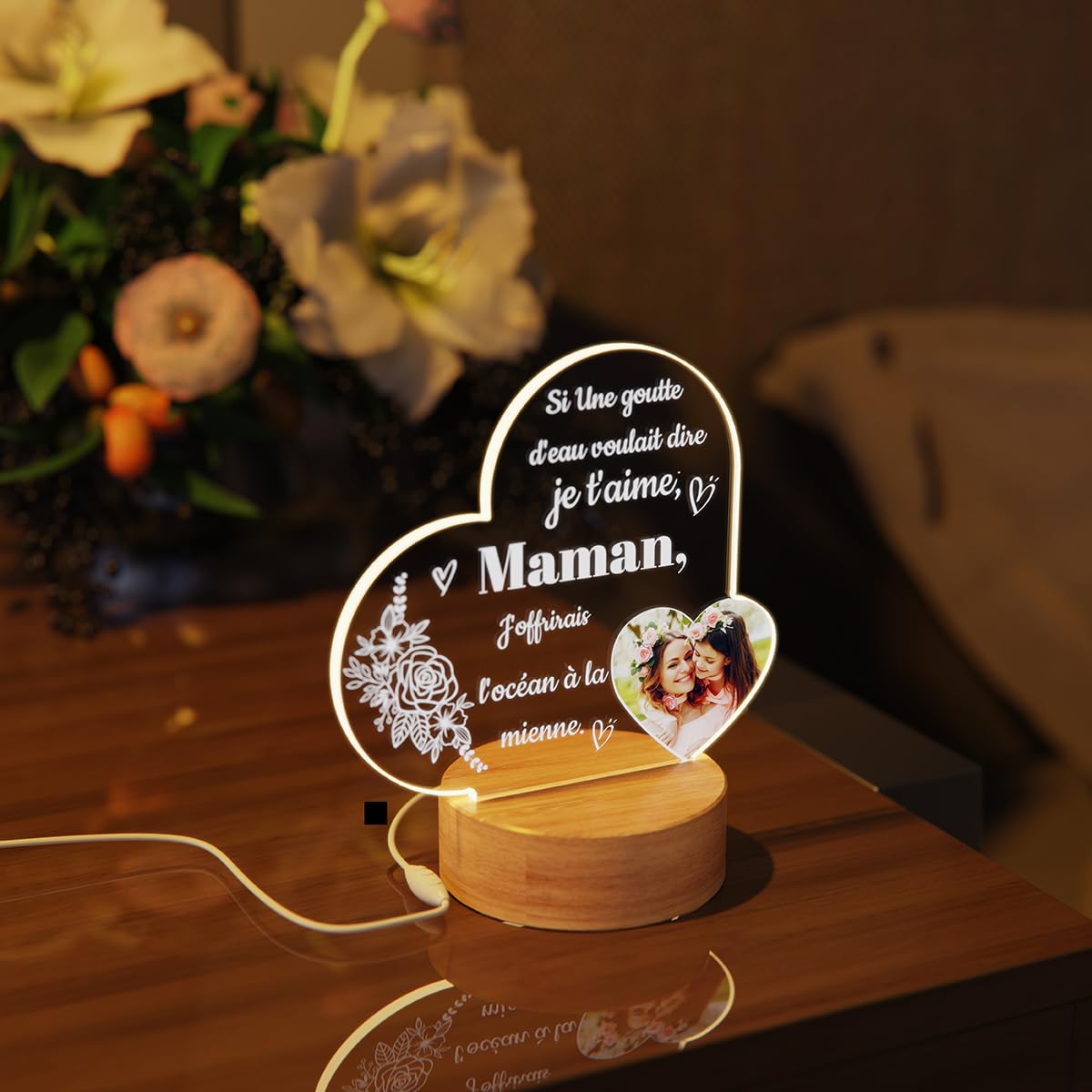 Rainsar Veilleuse Personnalisée En Acrylique Pour Maman - Lampe 3D Coeur Avec Photo - Cadeau Original Pour La Fête Des Mères Et Noël