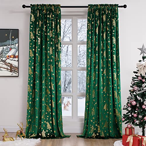 Topfinel Xmas Velvet Curtains 96 inches Long for Living Room and Bedroom,Winter Thermal Insulated Drapes Xmas Tree Decoration Window Curtain 2 Panels, Olive Green