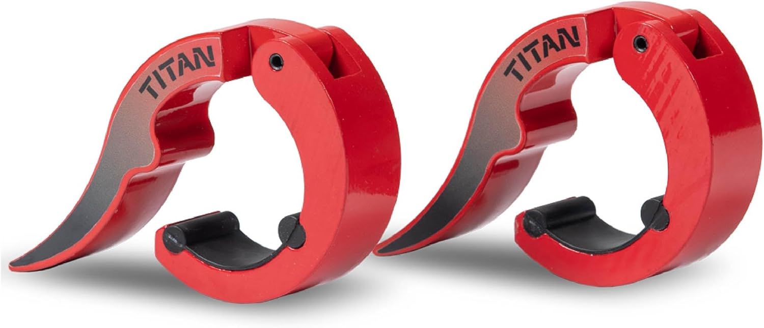 Titan Fitness Quick Release Weight Clamp Collars, Fire Red Anodized Aluminum, Pair of Olympic Shaft Exercise Collars, Locking Barbell Weight Clips for Weightlifting Strength Training