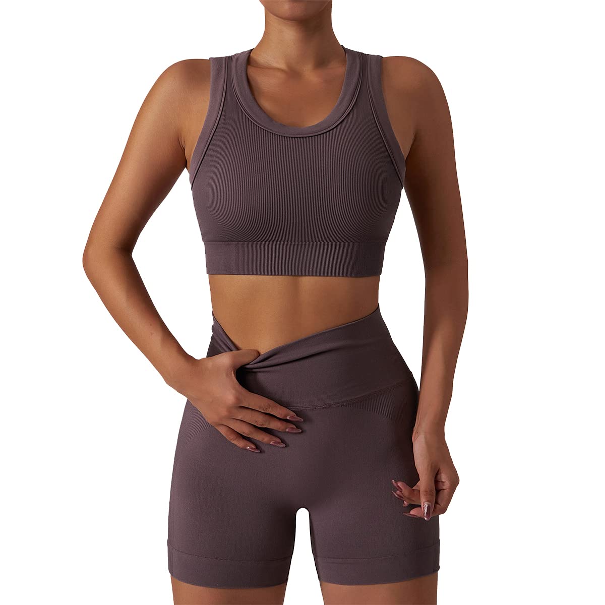 ABOCIW Workout Sets for Women, Summer 2 Piece Outfits, Ribbed Seamless Crop Tank Top Biker Shorts Matching 2 Pieces Outfits,Sexy Two Piece Yoga Workout Outfits Light Brown Small