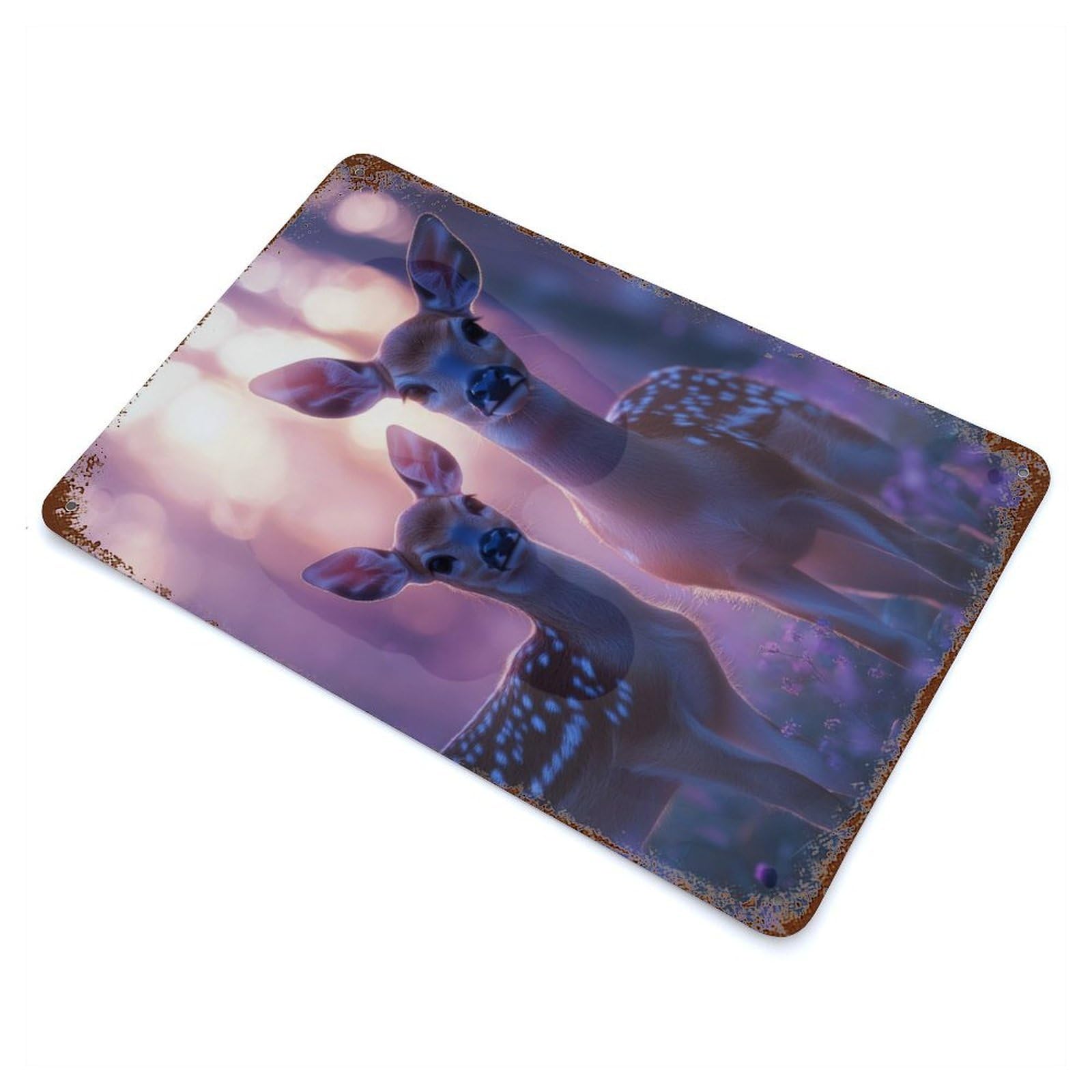 Fawn And Doe in Forest 11.8"x7.9" Distressed Metal Wall Sign, Retro Wall Decor for Garage, Bar And Workshop Decor