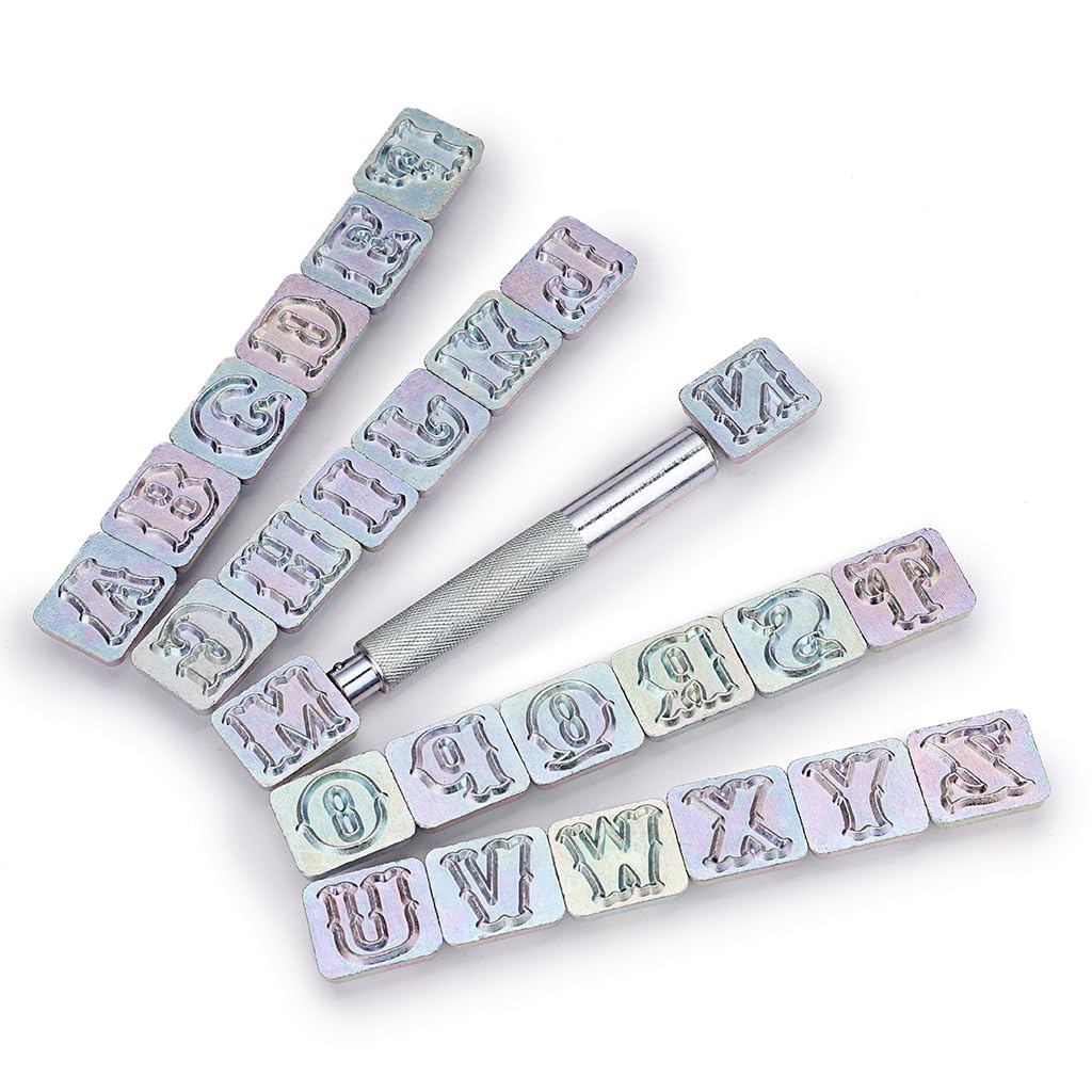 IGNPION Sello de letras del alfabeto de cuero de 19 mm, kit de grabado en relieve, herramienta de perforación para llaveros, bolsa y cartera