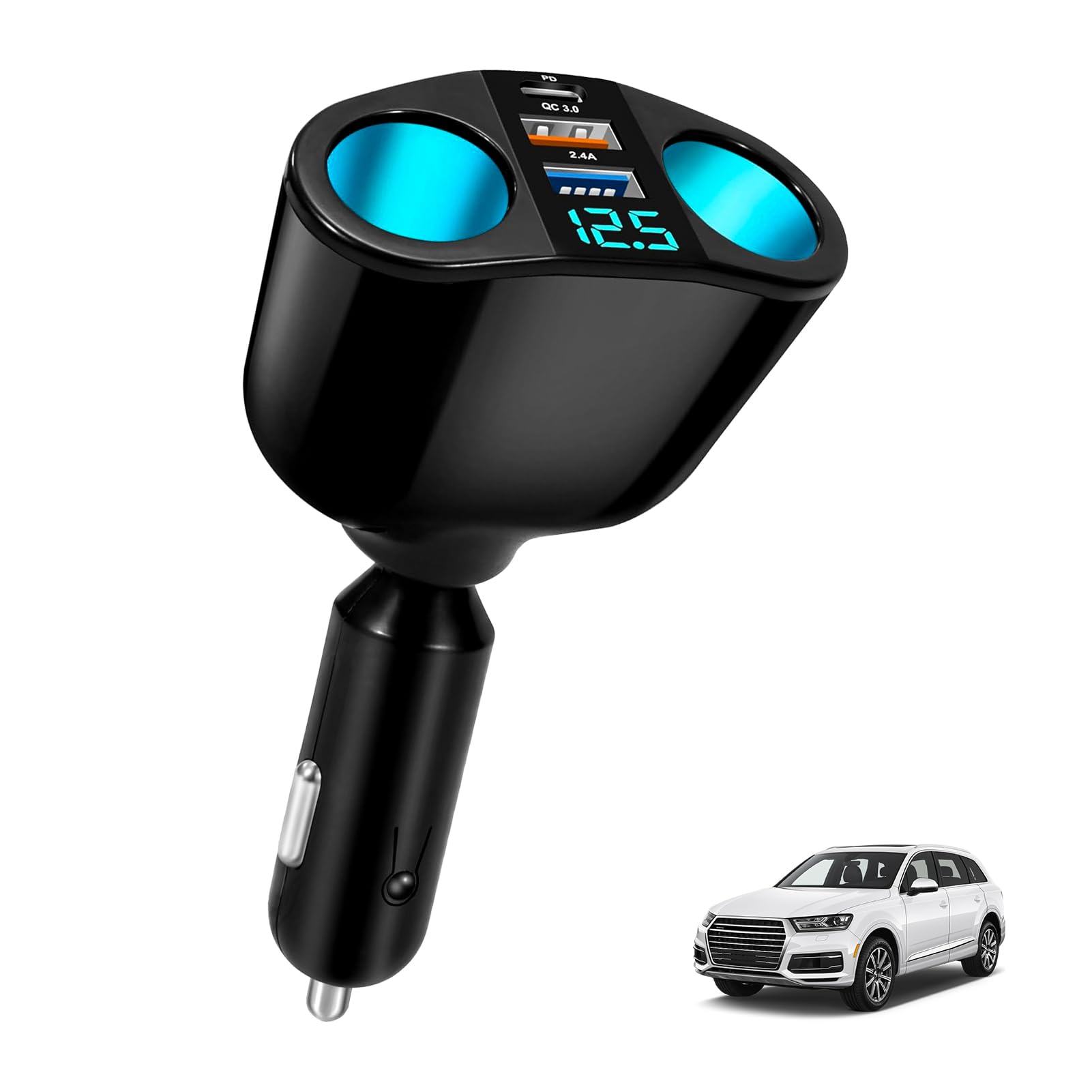 Ładowarka samochodowa zapalniczka papierosowa, zapalniczka samochodowa, szybkie ładowanie, USB C QC3.0 i PD 120 W 12 V/24 V, adapter zapalniczki z woltomierzem LED, wiele portów USB, szybkie ładowanie