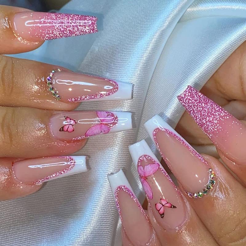 24 uñas postizas largas a presión de mariposa rosa, uñas postizas blancas francesas con diseños de diamantes de imitación brillantes, uñas acrílicas
