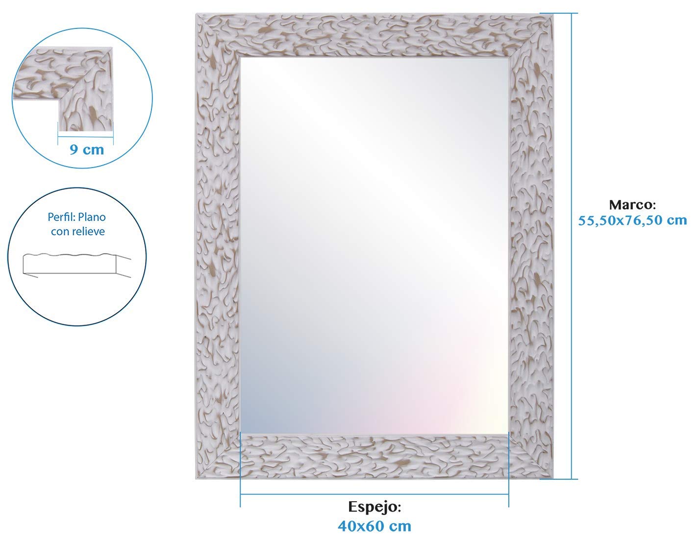 CHELY INTERMARKET, Espejo de Pared 40x60cm (55,50x76,50cm)(Blanco) MOD-105 Ideal para peluquerías, salón, recibidor, Comedor, Dormitorio y oficinas. Fabricado en España. Material Madera.