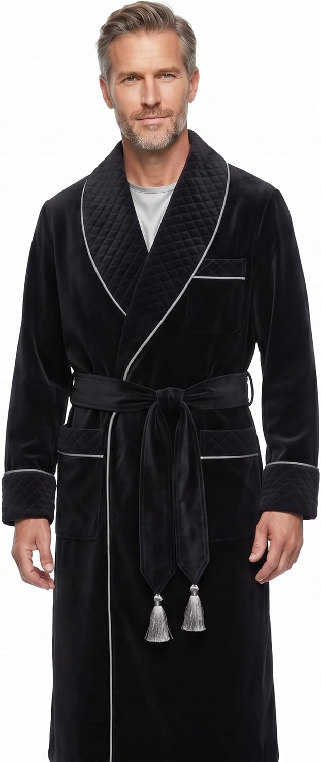 Men's Black Long Smoking Jacket, Men Black Velvet Smoking House Wear Hosting Vintage Dressing Gown