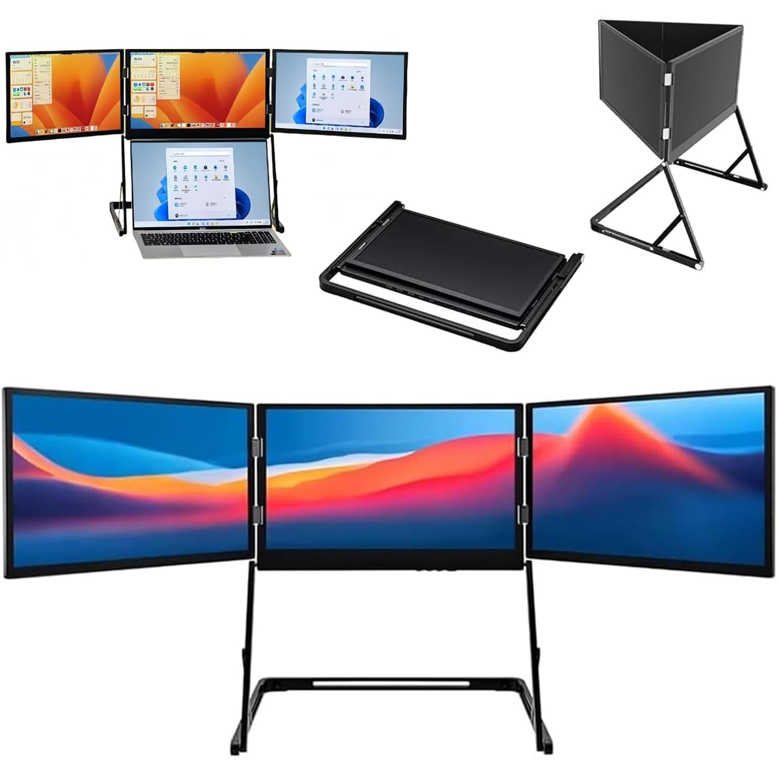 Przedłużacz ekranu do laptopa, potrójny ekran 15,6 cala, potrójnie składany monitor do laptopa, 1080p FHD, przedłużony przedłużacz ekranu z obrotem o 360°, regulowany kąt widzenia