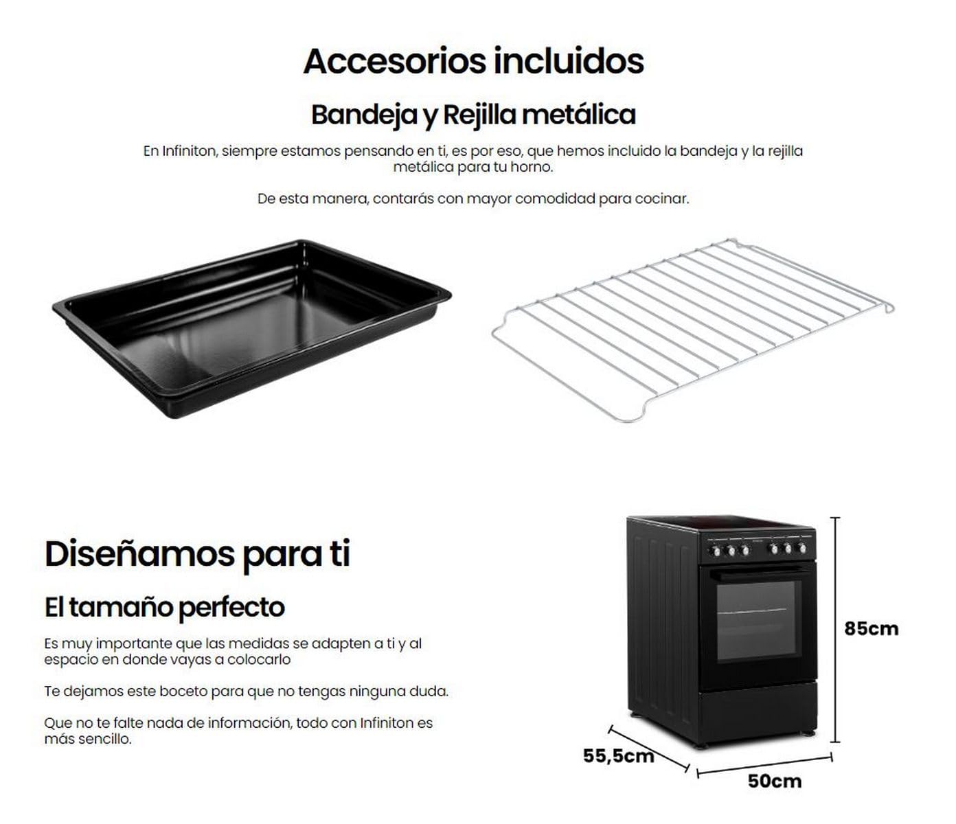 INFINITON Cocina con Horno CC-B550V3, Vitroceramica 3 Zonas, Horno Electrico 43 L, 6 Niveles de Potencia, Grill, Doble Acristalamiento, A, Negro