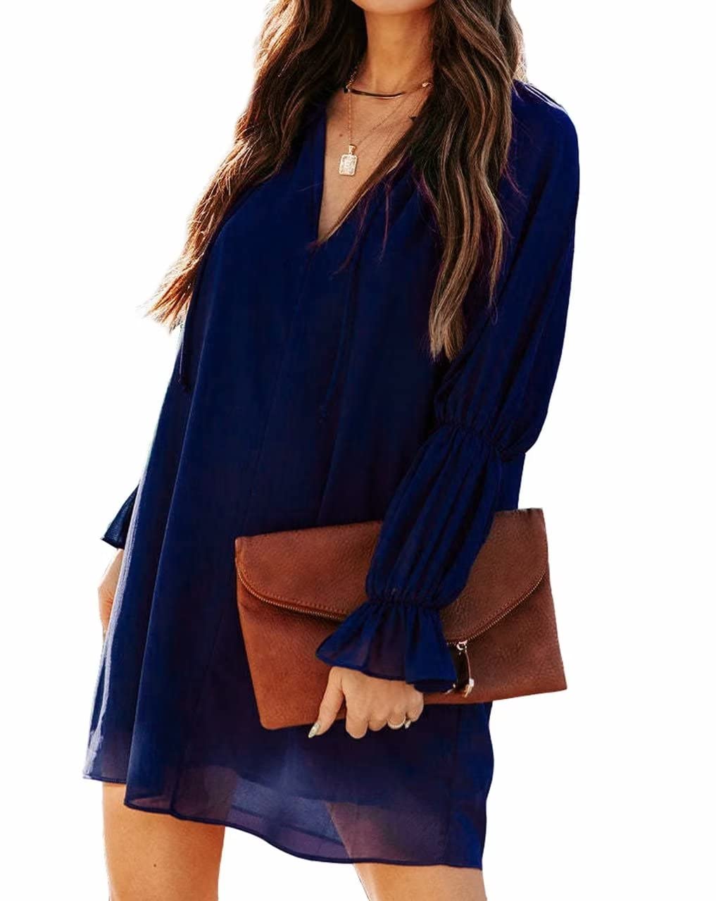 QACOHU Summer Dresses for Women V Neck Ruffle Short Sleeve Casual Shift Dress, Blue, M