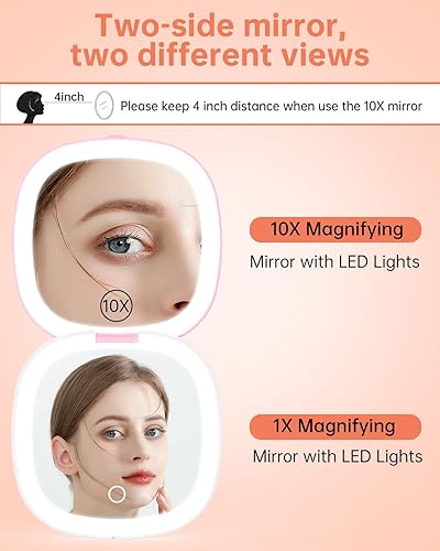 Miniatura 2 de Gospire Espejo de maquillaje de viaje recargable de 3.9 pulgadas con luces y aumento 10X, 3 colores de luz y brillo ajustable, cierre magnético y