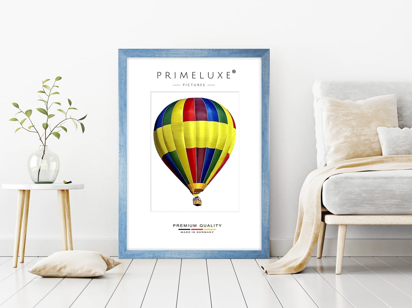 PrimeLuxe Holz Bilderrahmen 85 x 120 cm (Bildmaß) in Hell-Blau gewischt | Farbe und Größe wählbar | Rahmen für Poster | Puzzle | Foto collage | MADE IN GERMANY