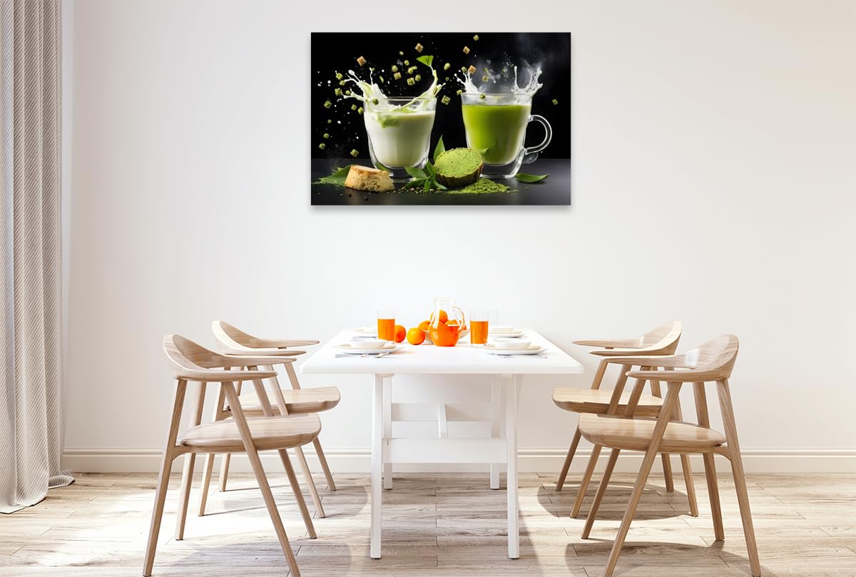 CALVENDO · Vegane Matcha-Latte-Drinks mit Hafermilch und Matcha (Leinwand) | 120 × 80 cm Querformat · Textil-Leinwand auf Keilrahmen · Trendige Matcha-Genusskreationen