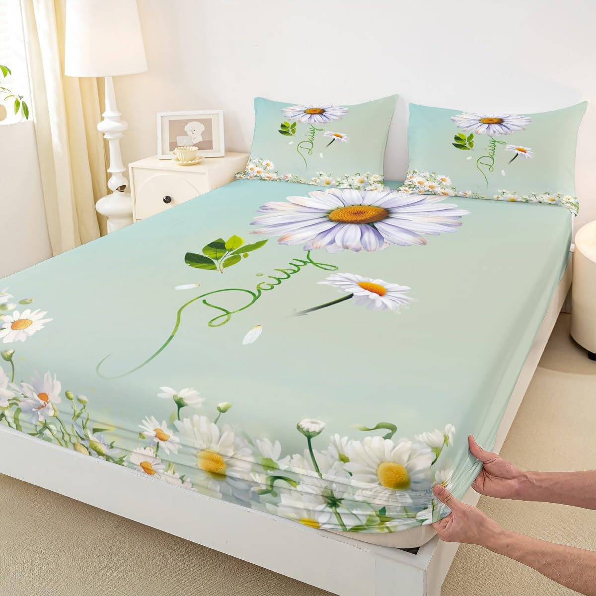 Daisy Flowers Fitted Sheet,Full Size Spring Theme Collections Watercolor Floral Theme,Soft Decorative Fabric Bedding Deep Pocket for Children Teens
