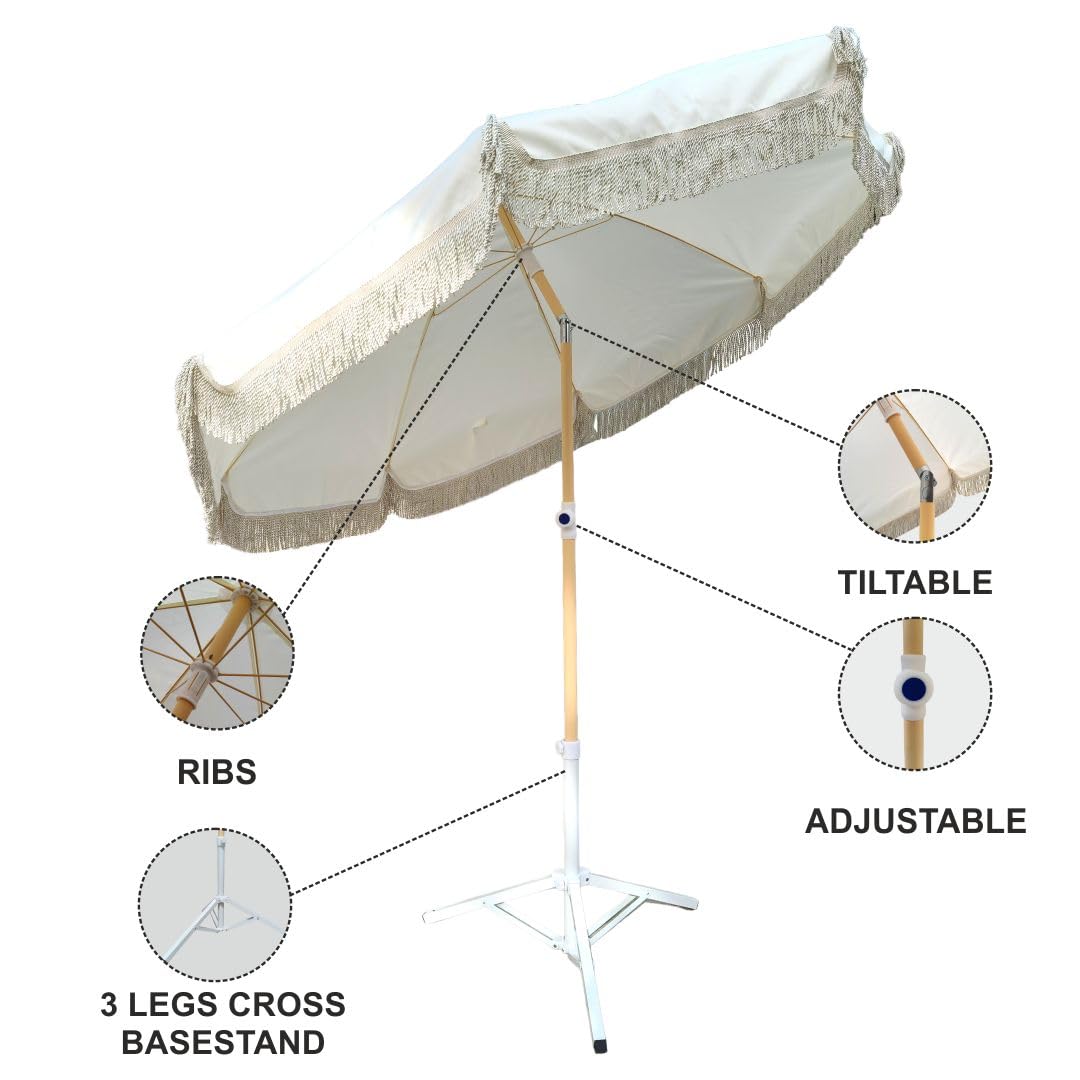 7 star DECOR Beach Umbrella with Fringe, Multi Color Striped, 6 ft Canopy, UV Protection, Wind Vent, Tiltable, Adjustable Stand (White) 2