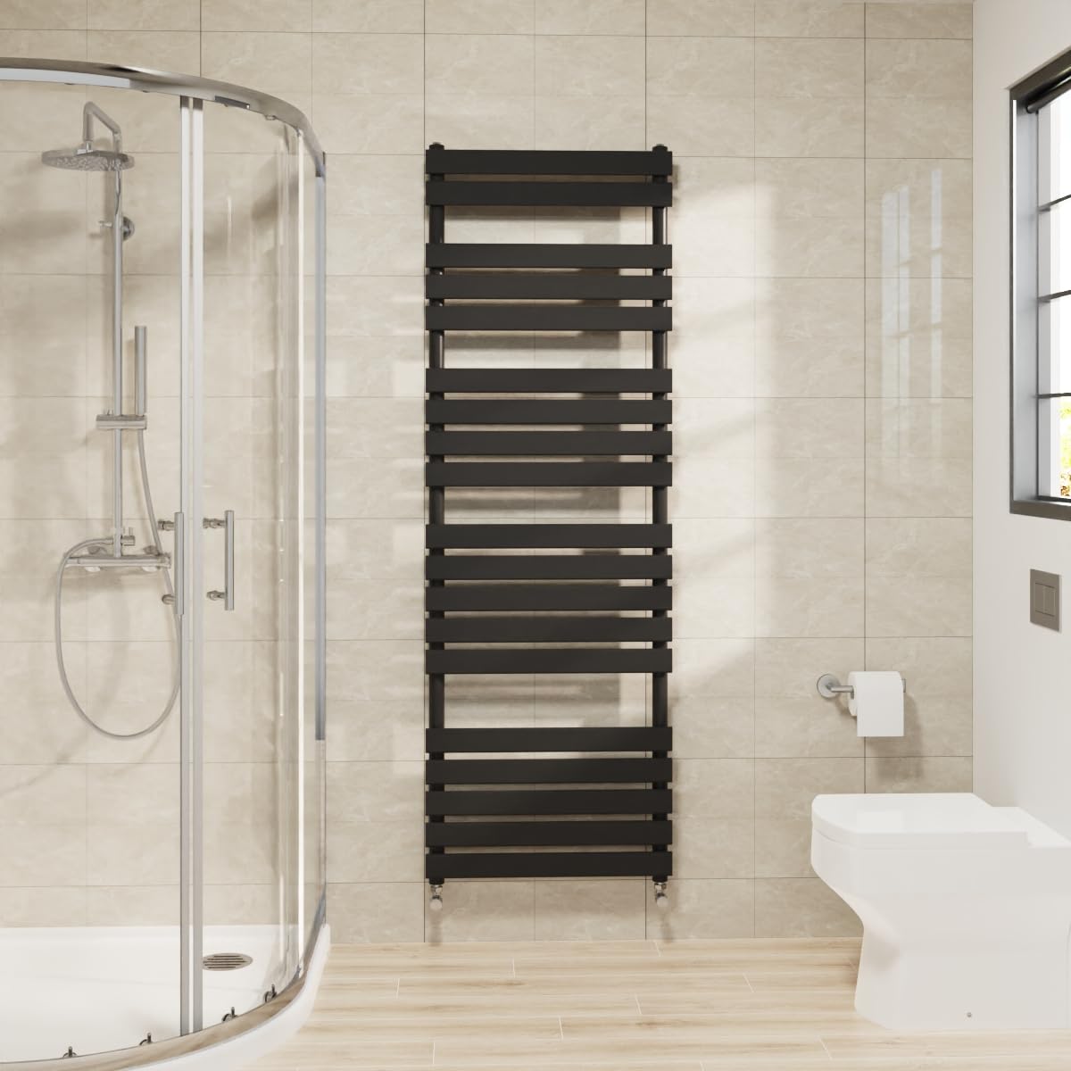 Warmehaus Flat Panel Heated Towel Rail Black Bathroom Ladder Radiator Warmer 1800x600mm