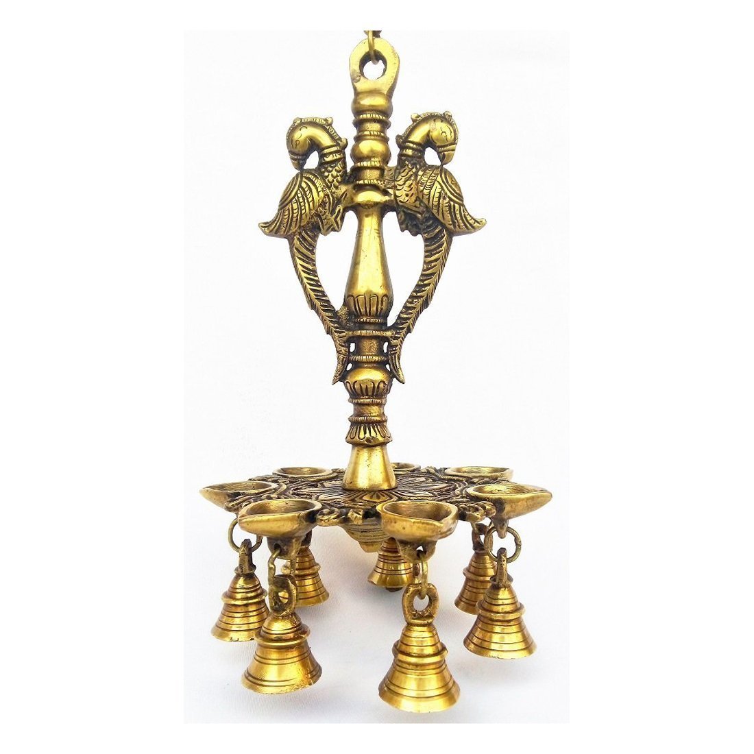 Artvarko Brass Handmade Double Peacock Design 7 Oil Wick Hanging Diya Chain with Bells for Home Decor, Temple Showpiece.