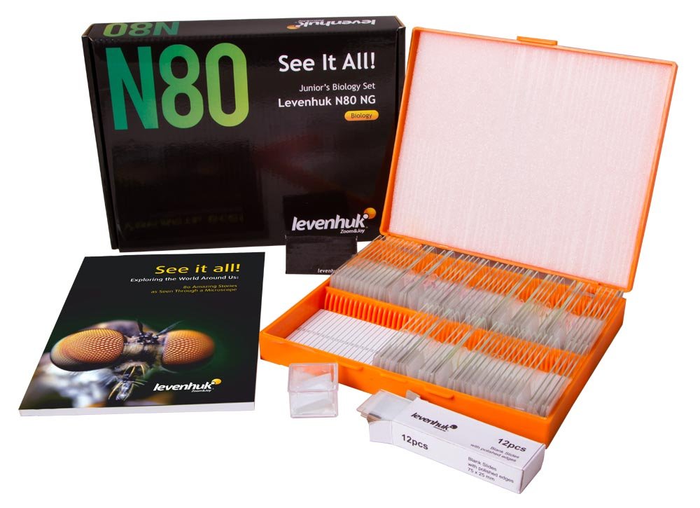 Levenhuk Juego N80 NG de 80 Muestras Preparadas para Microscopio, con 20 Portaobjetos Vacíos, 20 Cubreobjetos y la Guía a Todo Color «¡Lo Verás Todo!» (Edición en Inglés)