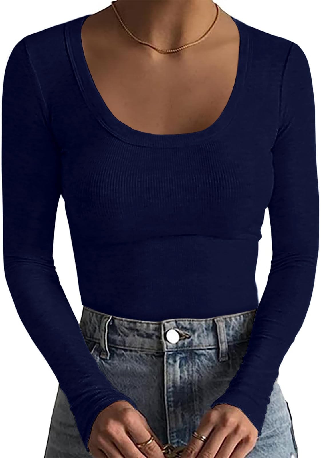 Basicspace Damen Gerippte Tops Schlank Hautfreundlich Basic T Shirt Einfarbig Tops Sexy Dehnbar Lässig Tief U Hals T Shirt Modisch Vielseitig Langarm Shirt