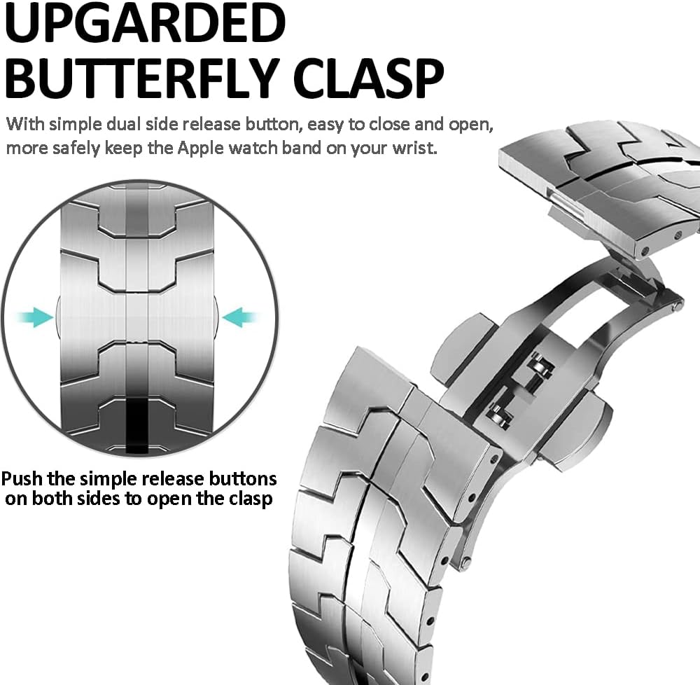 Miimall Compatible for Apple Watch Bands 49mm 46mm 45mm 44mm 42mm Ultra 2/Ultra SE 2/SE Series 10 9 8 7 6 5 4 3 2 1, Stainless Steel Metal Strap with Butterfly Clasp for Apple Watch Bands-Silver