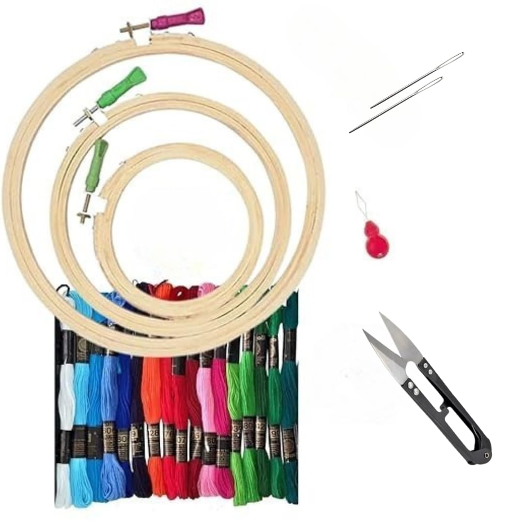 KHUSHA CREATIONS Embroidery Starter Kit with 3 Hoops (8, 6 & 5 Inch), 10 Multicolored Threads, Needles, Threader & Cutter – Complete DIY Cross Stitch & Hand Embroidery Set-picture-24