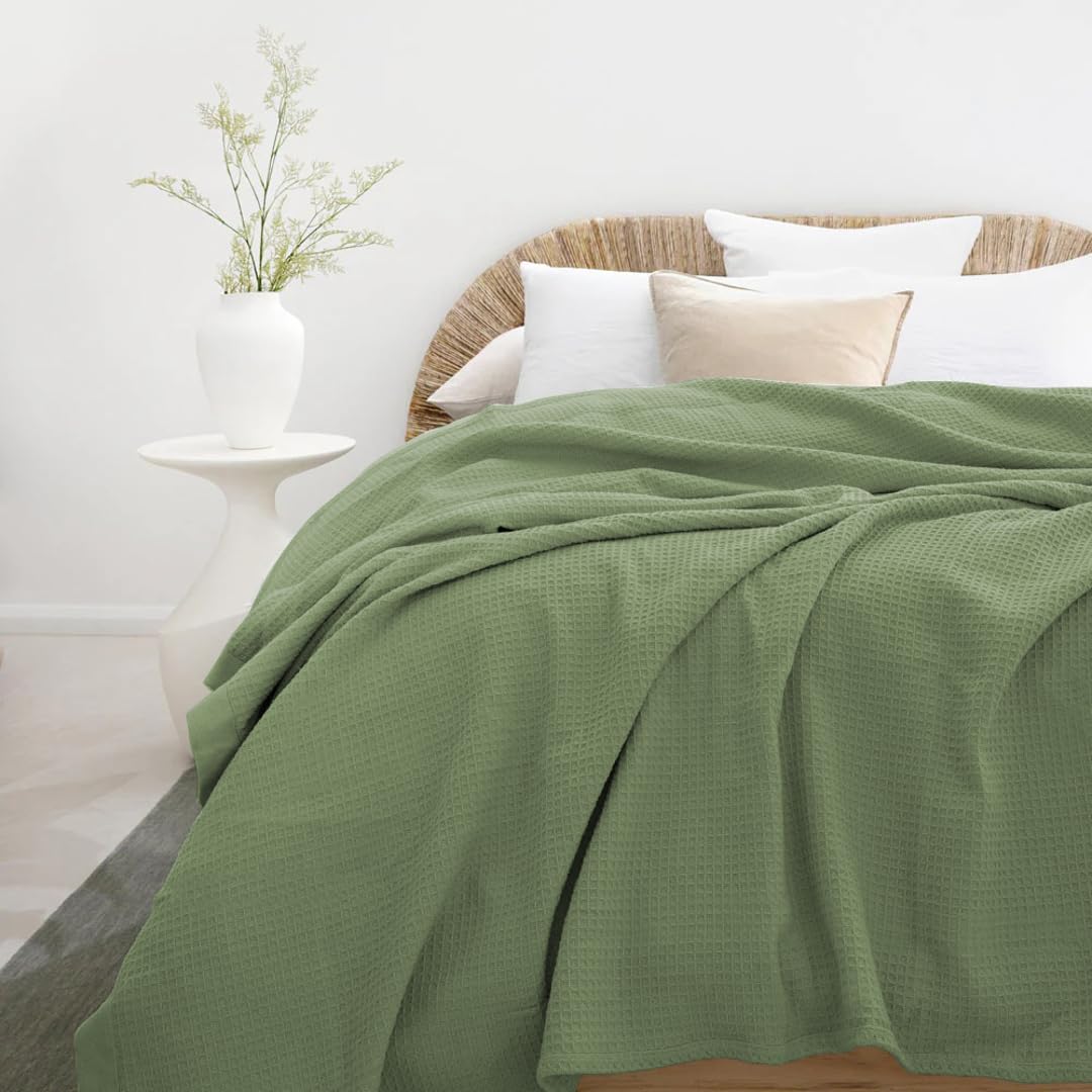 Waffle Knit Cotton Throw Blanket | Lightweight, Breathable, Aesthetic Decorative Cozy Blanket for Living Room & Bedroom or Sofa | 60 x 80 inch - Bottle Green Waffle-image-7